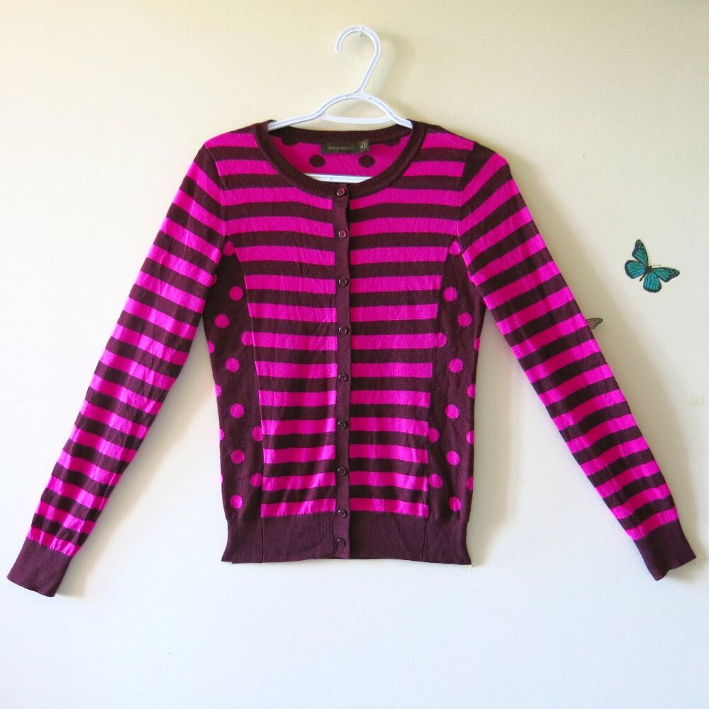 The Limited Pink Magenta Mocca Brown Stripes And Dots Wool Blend Cardigan Sz. XS